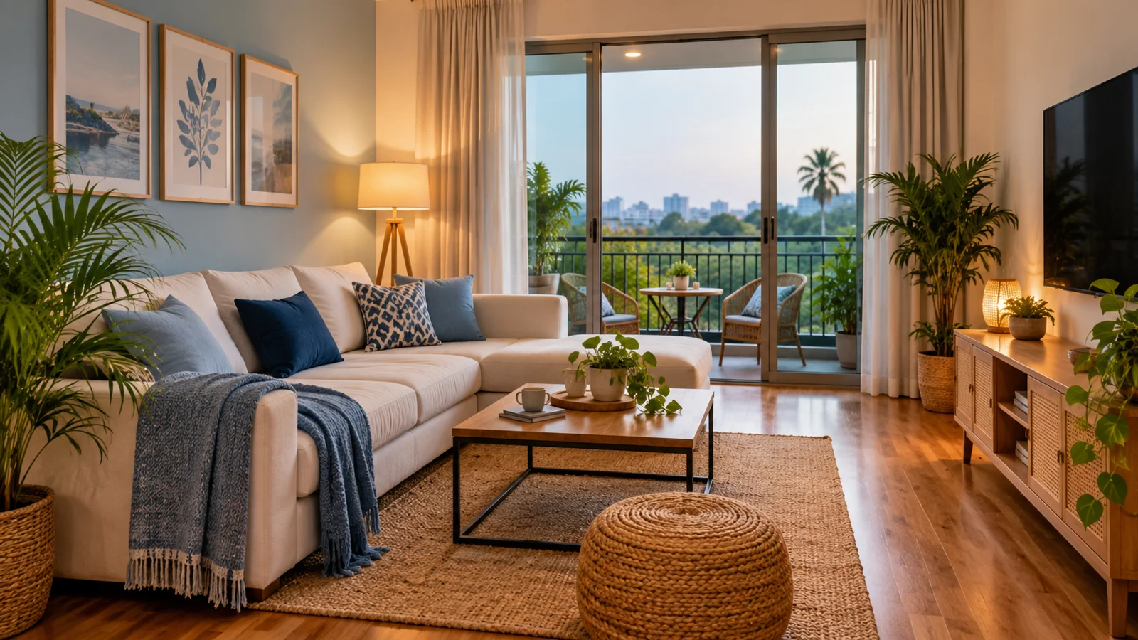 Illustrative homestay living room with a sofa, plants and a balcony