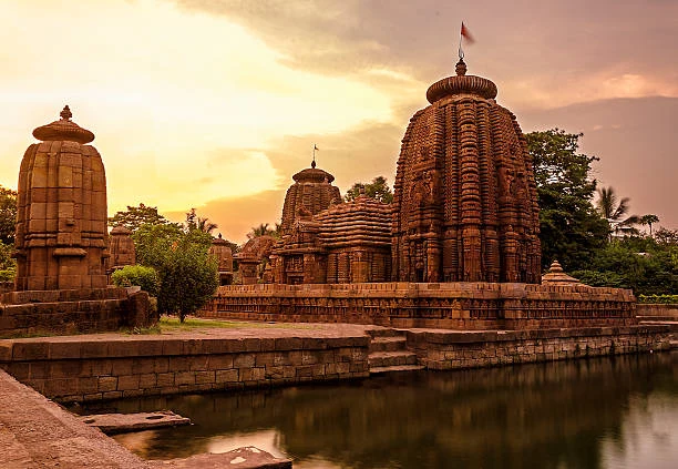 Mukteshvara Temple at sunset beside its tank in Bhubaneswar Old Town