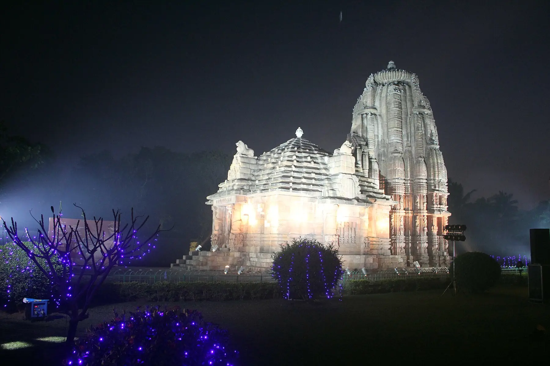 Rajarani Temple lit up at night in Bhubaneswar