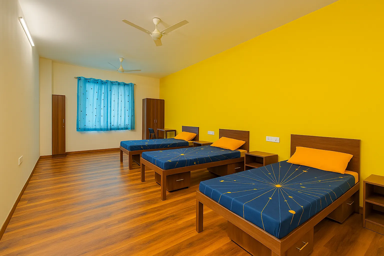 Furnished three-sharing room at a Yostel PG